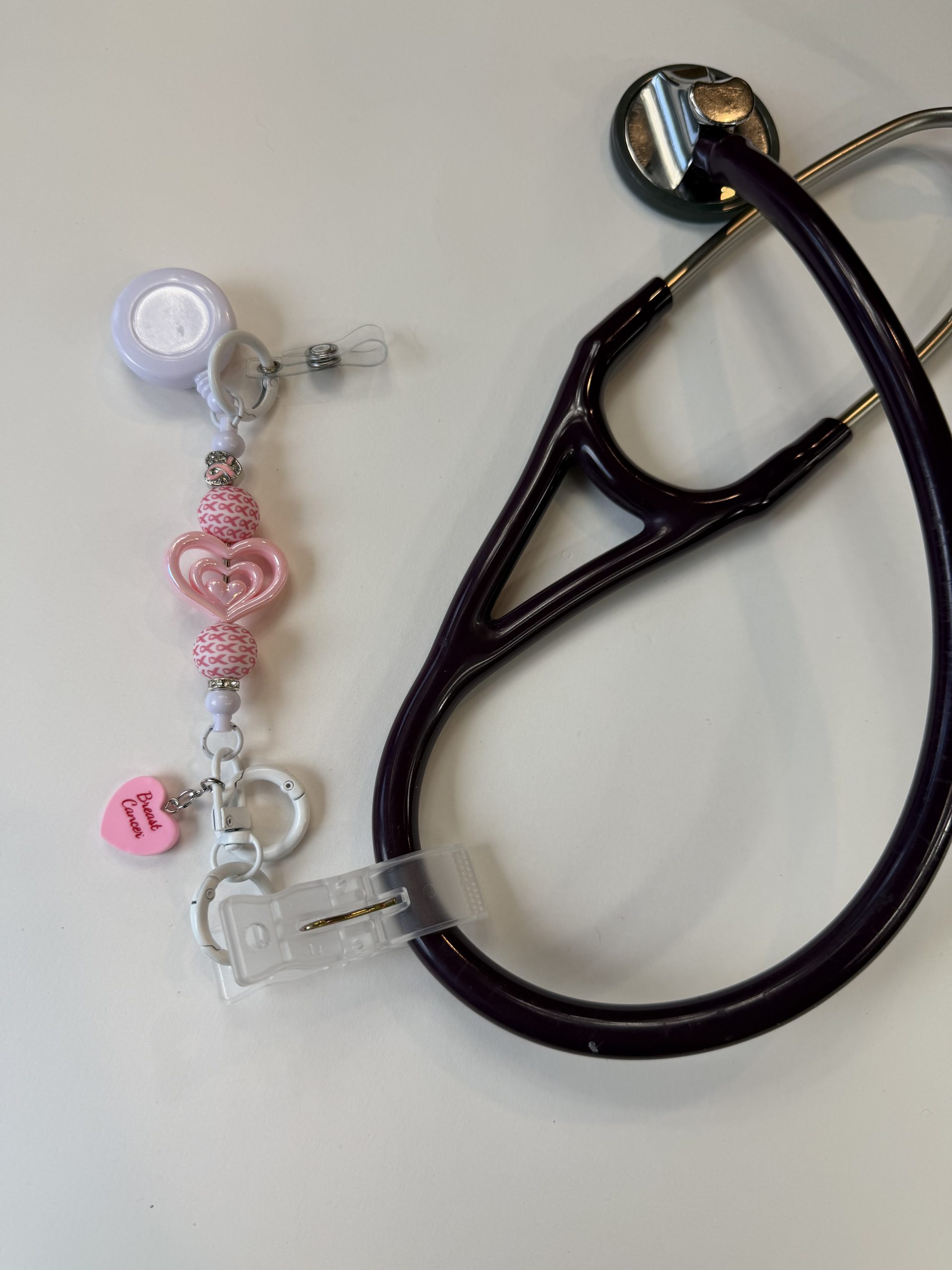 Breast Cancer Pink Heart ScopeClip with Breast Cancer Charm