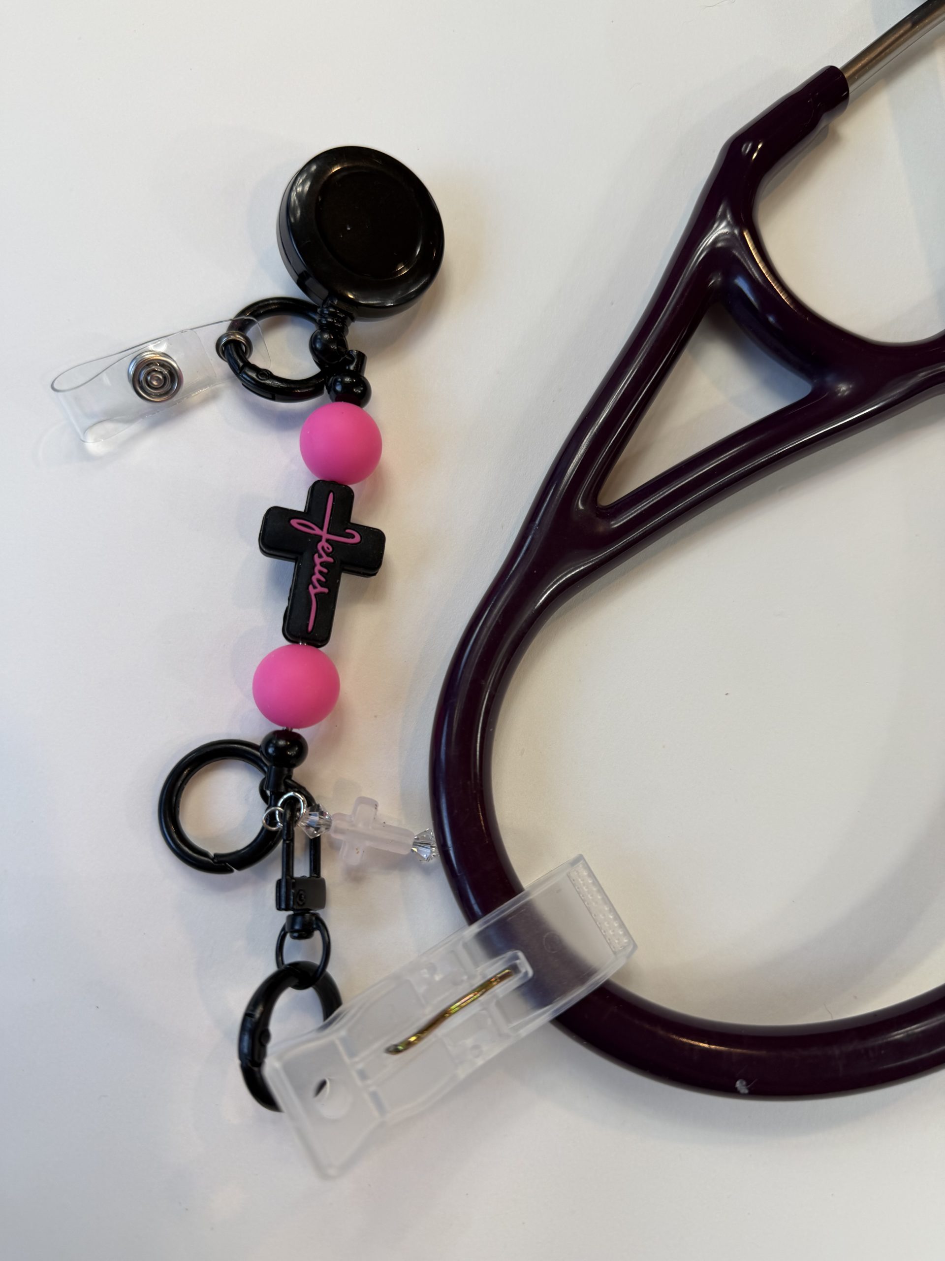 Black and Hot Pink Jesus ScopeClip with Clear Cross Charm