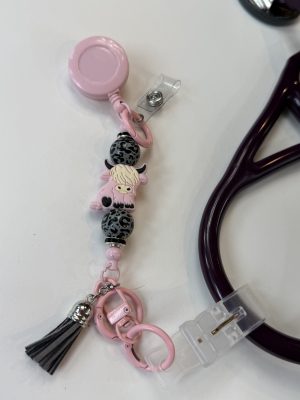 Pink Highland Cow ScopeClip with Grey Tassel