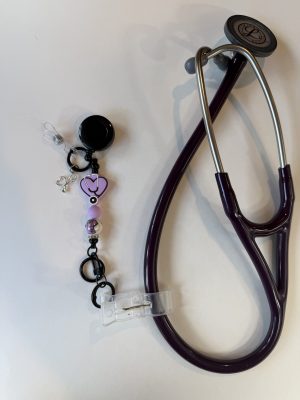 Lavender heart clip with scrub top bead and stethoscope charm