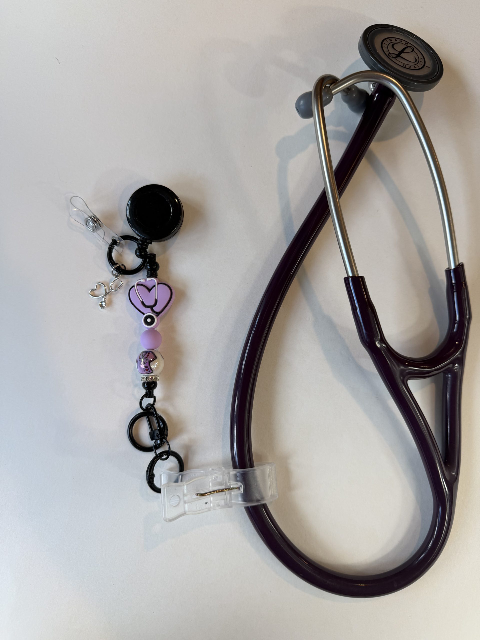 Lavender heart clip with scrub top bead and stethoscope charm