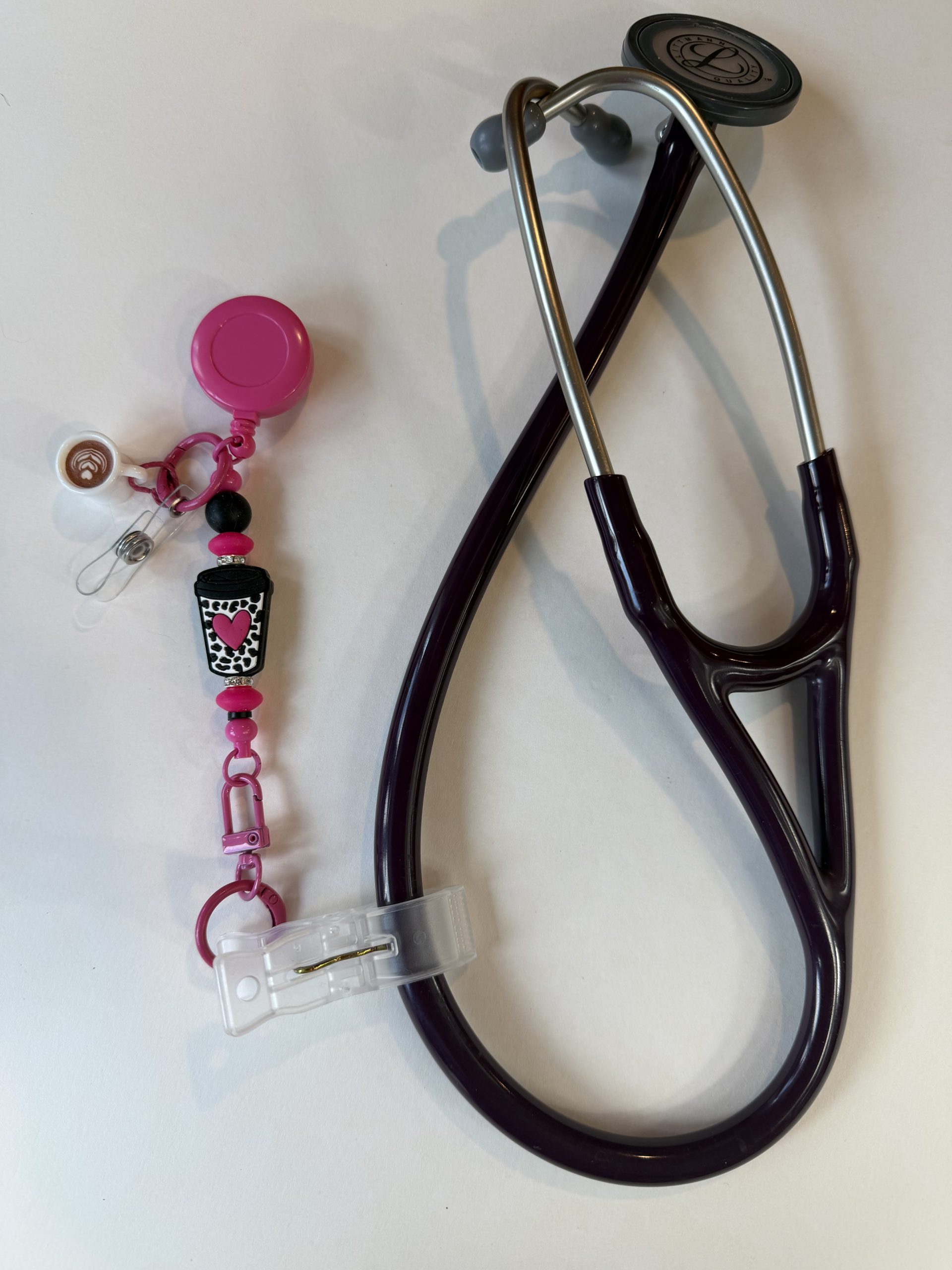 Hot pink heart coffee cup clip with white coffee cup charm