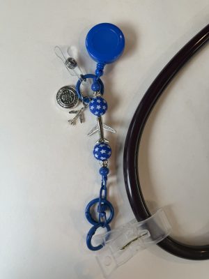 Blue USAF plane clip with blue star beads, USAF, and plane charm