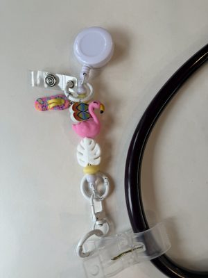 White flamingo clip with sandals bead and sandals charm
